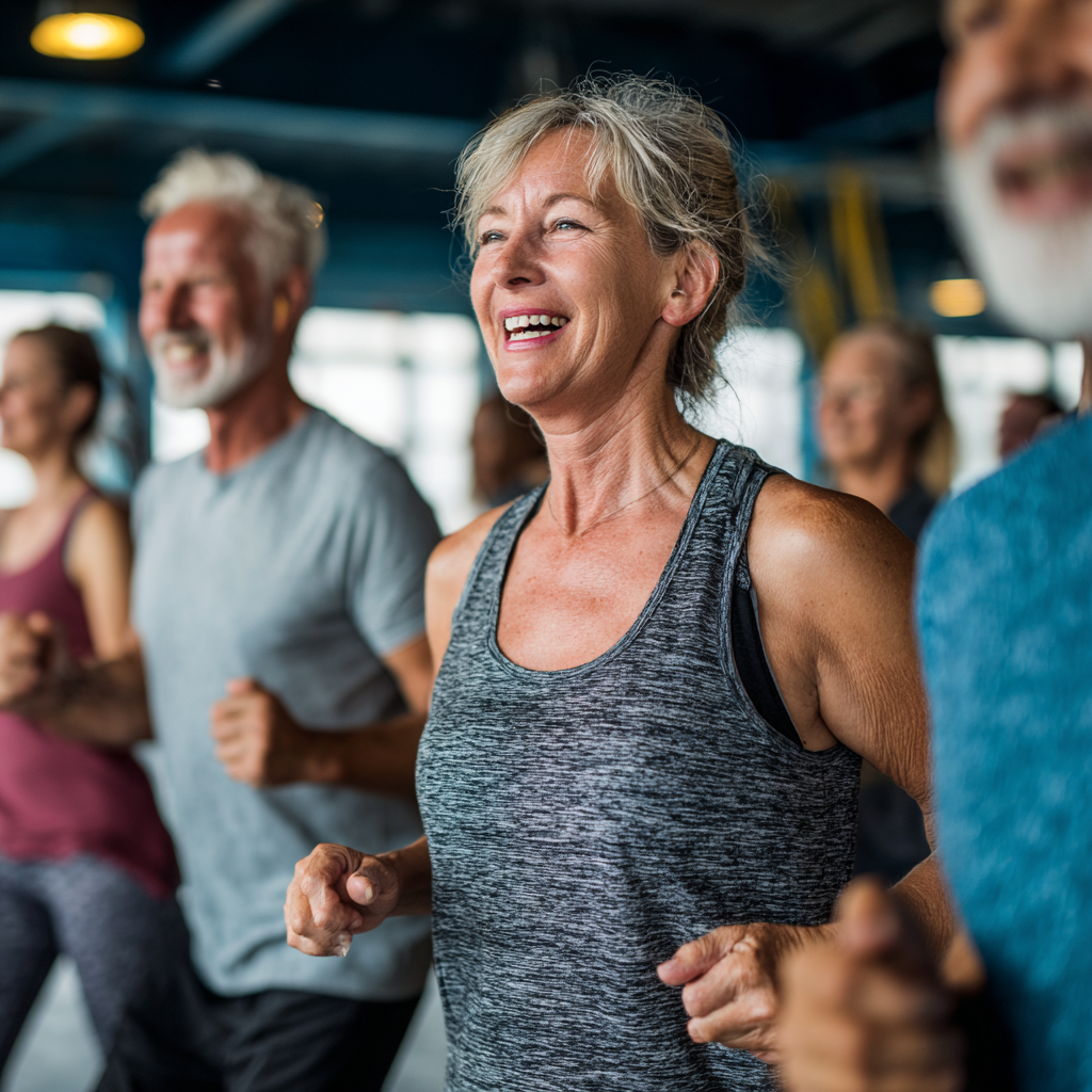 Група людей віком 50-60 років займається груповим фітнесом, демонструючи командний дух і взаємопідтримку